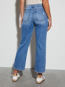 Women high waisted straight leg blue denim jeans with back pockets and frayed hems
