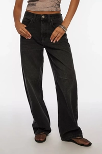 Close-up detail of high-waisted washed black wide-leg jeans with silver button and pockets
