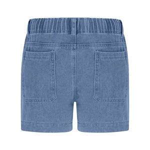 Detail view of the elastic drawstring waistband and back pockets on blue denim shorts
