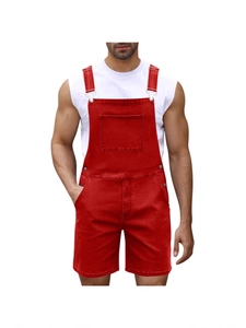 Men's bright red denim bib shorts with adjustable metal straps and workwear pockets