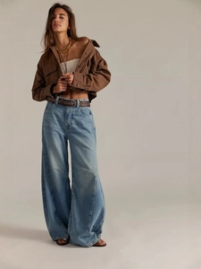 Women's Vintage High Waist Wide Leg Jeans Loose Washed Denim Trousers Casual Patchwork Baggy Pants For Early Autumn