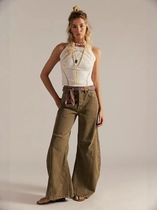Bohemian white lace halter top with olive green high waist wide leg cargo pants