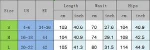 Detailed size chart for high waist wide leg jeans featuring US, EU and cm measurements