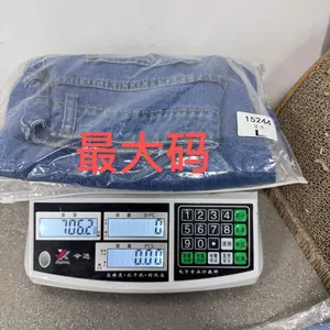 Macro detail of washed blue denim fabric weight on scale for high waist wide leg jeans