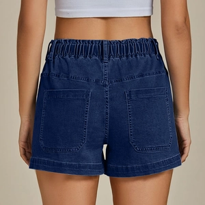 Detail view of high waist denim shorts with elastic drawstring and back square pockets