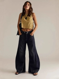 Women vintage high waist charcoal wide leg jeans with yellow floral embroidered halter top