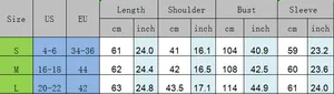 Detailed size chart for women's casual denim shirt with US, EU, and CM measurements