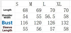 Detailed size chart for women's denim jacket including bust, length, and sleeve measurements