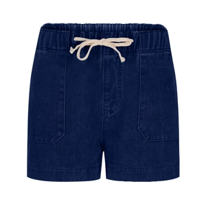 Detailed macro view of dark blue denim shorts with elastic waist and white drawstrings