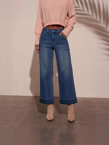 Jeans a Vita Alta a Gamba Larga da Donna Pantaloni in Denim Blu Lavato Con Grandi Tasche Orlo Arrotolato Jeans Lunghi Casual