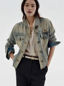 Women's Vintage Washed Denim Jacket Distressed Ripped Jean Jacket With Frayed Hem Short Crop Top Streetwear Denim Coat