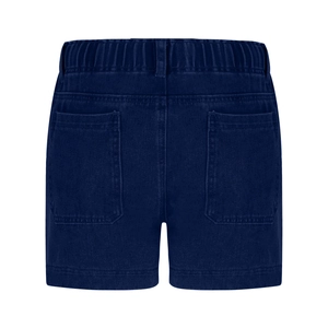 Detail view of the back of navy blue denim shorts featuring elastic waist and dual pockets