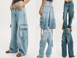 Détail d'un jean cargo large avec de grandes poches à rabat et de longues lanières
