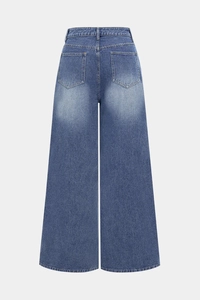 Rear view of high waist wide-leg jeans in dark blue denim with vintage washed effect