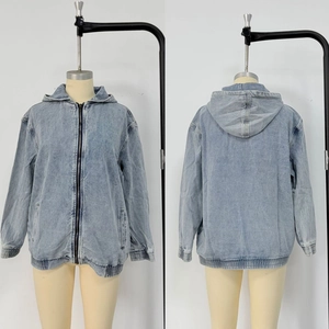 Front and back view of light blue washed hooded denim jacket with zipper closure