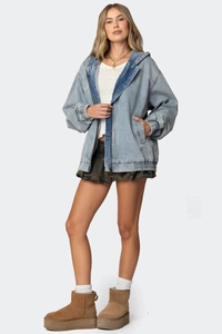 Light blue hooded denim jacket with contrast navy stitching and elastic hem detail