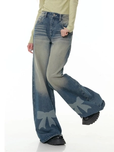 Vintage high-waist wide-leg jeans with gradient wash and bow print for women