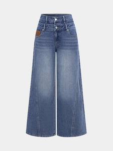 Women High Waisted Wide Leg Jeans Vintage Blue Denim Pants With Double Buttons And Contrast Seams Retro Casual Trouser