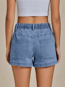 Women's light blue denim shorts with elastic drawstring waist and cuffed hem