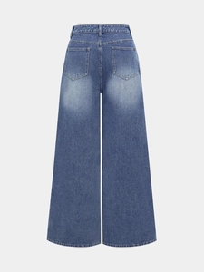 Back view of high waist wide leg jeans in vintage blue wash with symmetrical rear pockets