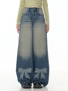 Women Retro Washed Blue Wide Leg Jeans High Waist Denim Pants With Bow Print Casual Vintage Streetwear