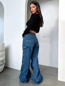 Women's vintage high waist cargo jeans with wide leg and white contrast stitching