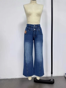 High-waisted wide-leg blue denim jeans with double-button waist and front seam lines