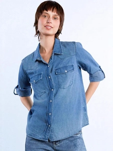 Women's Casual Long Sleeve Denim Shirt Washed Cotton Button Down Top With Chest Pockets For Spring Autumn Daily Wear Fashion Jacket