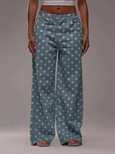 Women's light blue polka dot wide leg denim jeans with high waist and casual loose fit