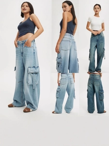 Jeans Cargo pour Femmes à Jambes Larges Taille Haute Lavage Rétro Streetwear Pantalon en Denim Large Décontracté Multiloches