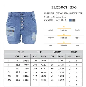Detailed size chart and material guide for high waist denim shorts with rolled hems