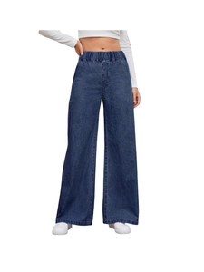 Jeans a gamba larga a vita alta in denim blu scuro con elastico in vita comodo