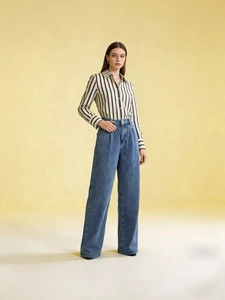 Women High Waist Wide Leg Jeans Slimming Straight Denim Pants Solid Water Washed Floor Length Loose Casual Blue Trousers