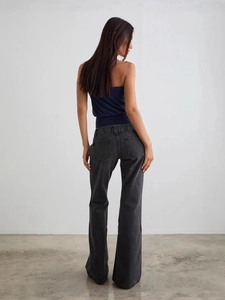 Slim fit high waisted dark grey flared jeans for women with back pocket detail