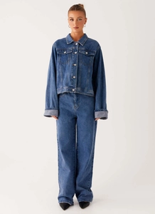 Ensemble veste en jean délavé bleu foncé et jean droit taille haute pour femme