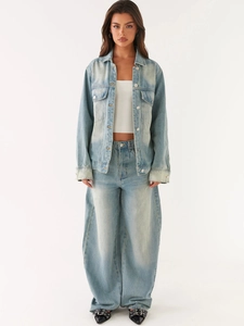 Women Retro Washed Denim Jacket And High Waist Wide Leg Pants Long Sleeve Casual Streetwear Cotton Denim Outerwear