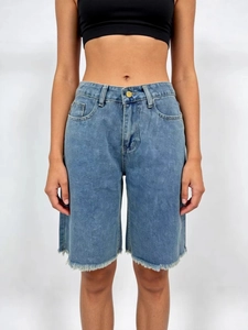 Women Vintage High Waist Denim Bermuda Shorts Distressed Washed Blue Cotton Loose Fit Raw Hem Five Pockets Summer Casual Jean Shorts