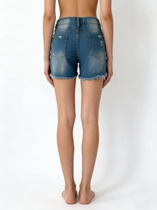 Women's stylish blue ripped denim shorts with frayed hems and back pocket details