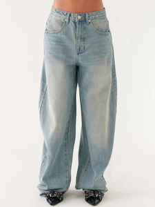 Retro light blue high-waist washed denim jeans with a wide-leg straight-cut fit