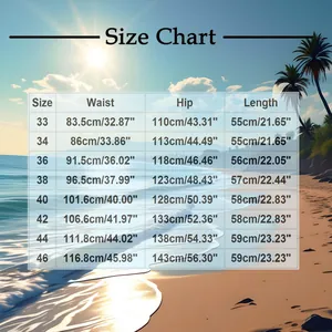 Detailed size chart for men's denim shorts showing waist, hip, and length measurements
