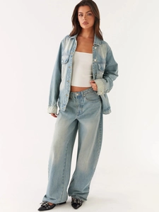 Light blue retro wash denim jacket and wide-leg jeans two-piece set for women