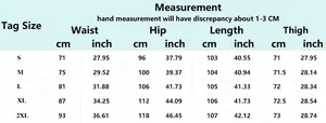 Guide des tailles détaillé pour jeans avec taille, hanches et longueur du S au 2XL