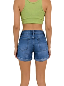 Slim fit denim shorts for women with rolled hem and back pockets in deep blue wash