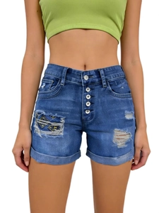 Slim fit high-waisted denim shorts with metal buttons, distressed details and patch design