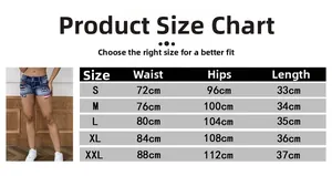 Size chart for high waist denim shorts showing waist, hip, and length for S-XXL sizes