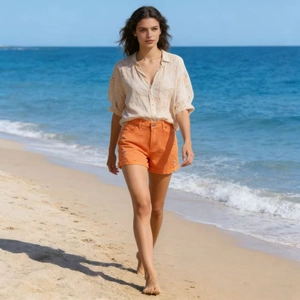 Detailed view of frayed hem on orange denim shorts with beach holiday background