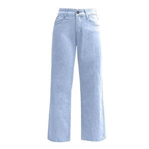 Detailed macro view of light blue tencel denim fabric texture and classic metal button