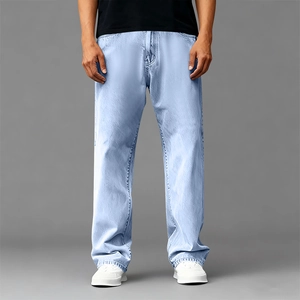 Front view of light blue straight-leg Tencel denim trousers with a classic five-pocket design
