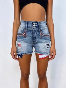 Women American Flag Ripped Denim Shorts High Waist Button Frayed Hem Distressed Star Embroidery Summer Jean Shorts Blue