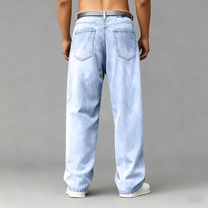 Rear view of light wash wide-leg tencel denim jeans with a relaxed straight-cut fit